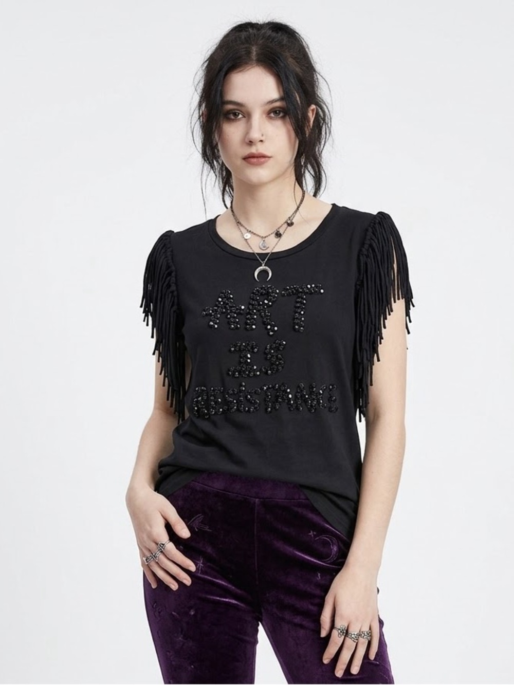 Whimsigoth Grunge Fringe T-shirt Embellished Artistic Witchy Indie Revival Y2K